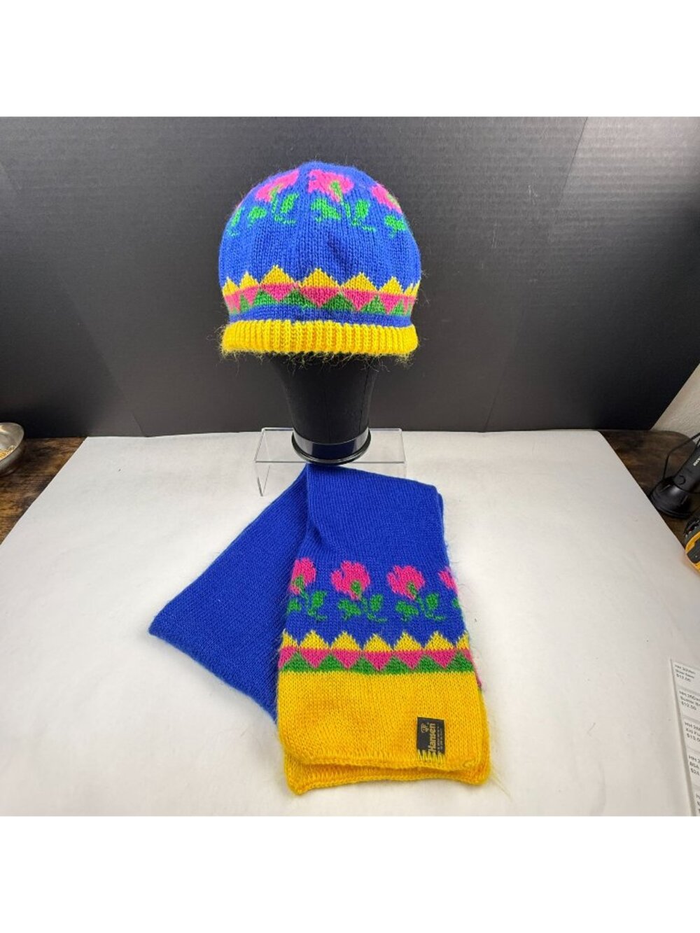 Vintage Hansen Knit Beanie and Scarf Set Floral Design